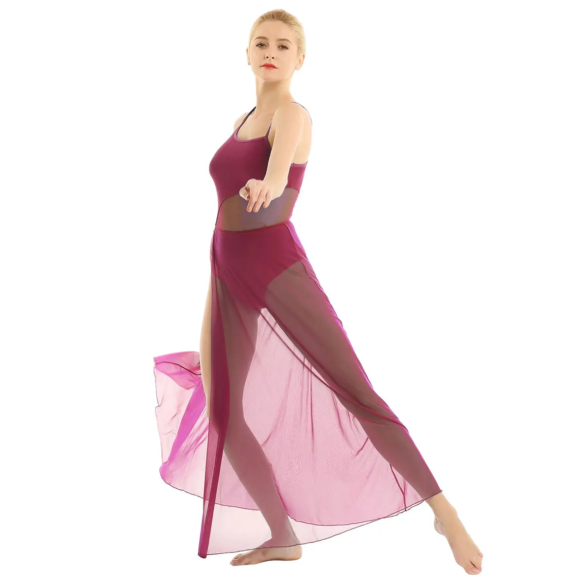 Womens Adult Lyrical Ballroom Dance Dress Asymmetrical Mesh Maxi Dance Dress with Built-In Gymnastics Leotard Ballet Dance Dress