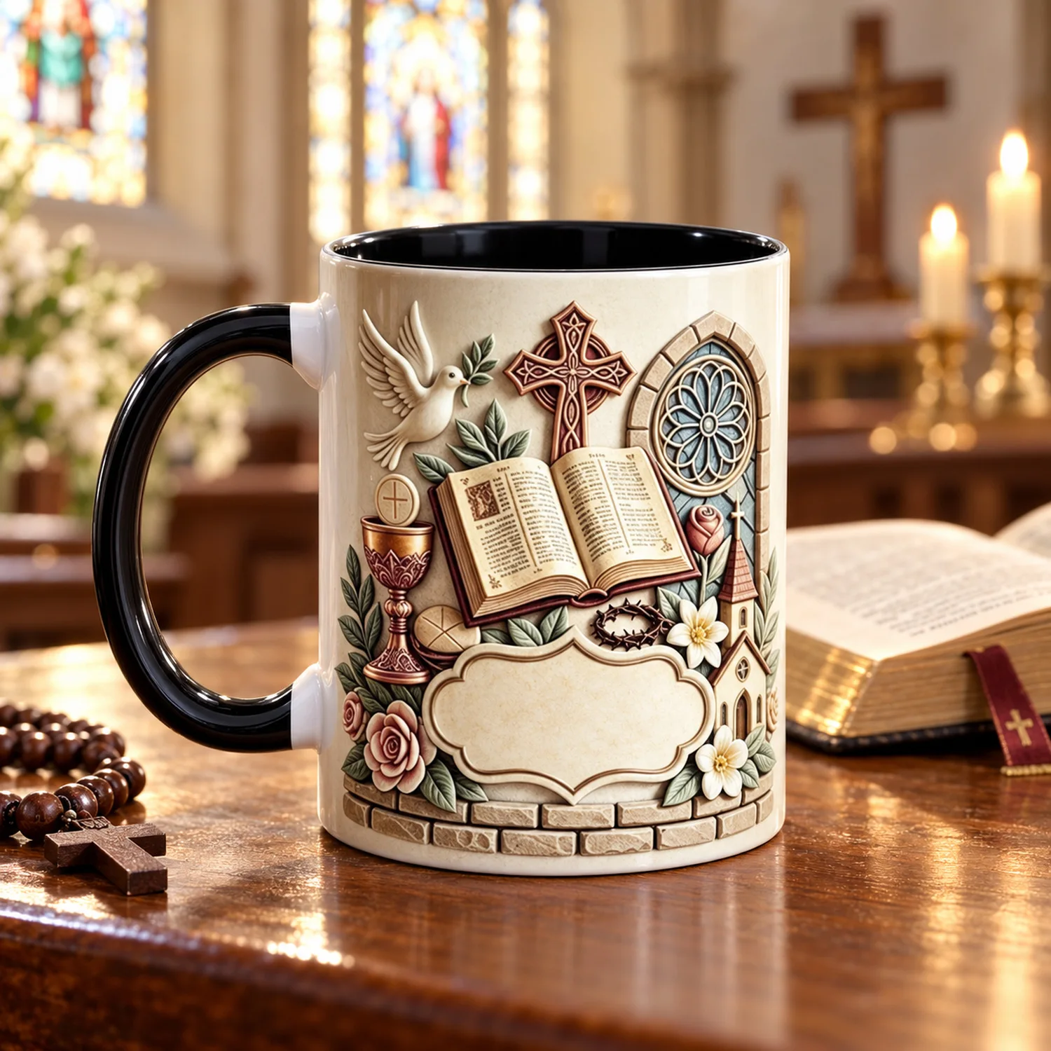 Custom Christian Coffee Mug 11oz Ceramic Cup 325ml, Faith Cross Print, Add Your Name, Gift for Believers