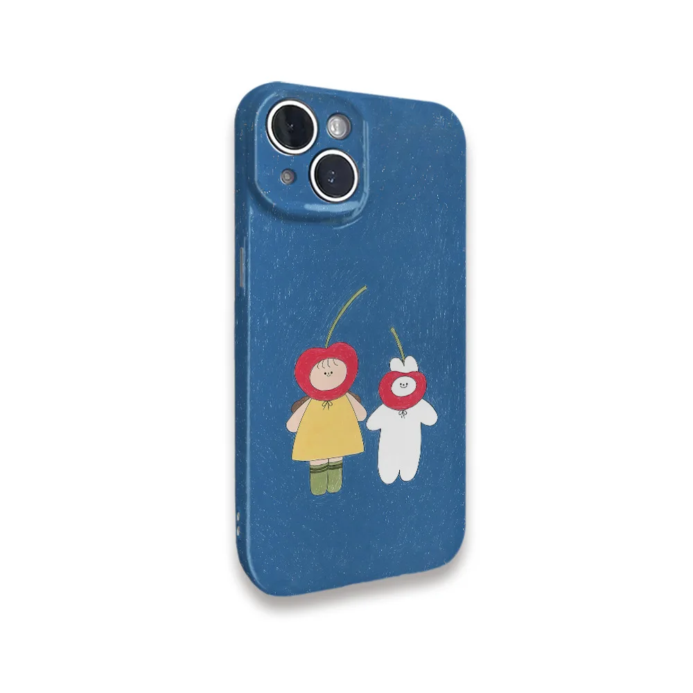 Ins Korean Blue Cherry Girl Cartoon Case for IPhone 16 15 14 13 Pro Max 12 Mini 11 Pro Plus Shockproof Protective Hard PC Cover