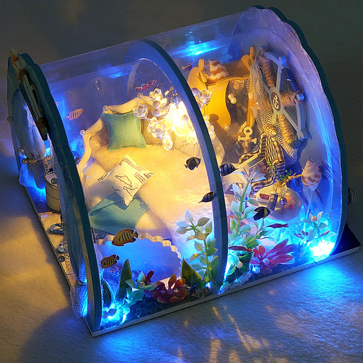 DIY Mini Ocean Tunnel Dollhouse Kit with Furniture and LED Light Creative Miniature Doll House Kit Wooden Doll House Gift