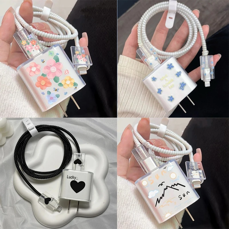 5pcs Fashion Flowers Charging Data Cable Protector Winder Accessories For Apple iPhone 18W/20w Charger Protective Cover Sleeve