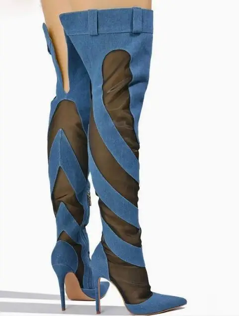 

New Ladies Blue Black Jeans Denim Leopard Air Mesh Patchwork Pointed Toe V Open Back Thin Heels Over The Knee Boots Long Botas