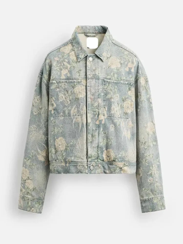 

Свободная винтажная джинсовая куртка с цветочным принтом для пар, осенняя модная джинсовая куртка с длинными рукавами, V-образным воротником, стандартной длины