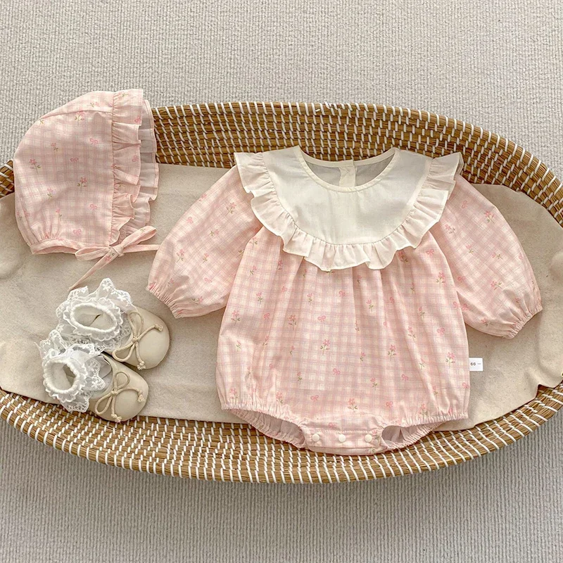 

2026 New Spring Toddler Baby Girl Romper Long Sleeved Cotton Printed Splicing Infant Baby Girls Jumpsuit 0-24M Baby Clothing