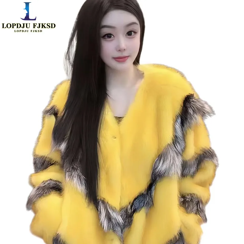 Faux Fox Fur Coats for Women,Luxury Jackets,V-Neck Overcoat,Female Clothes,New,Autumn and Winter