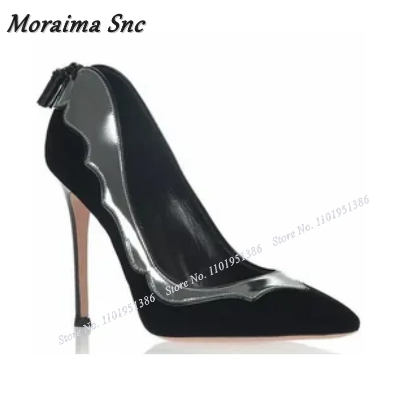 Moraima Snc Black Patchwork High Heel Pumps For Women Solid Shallow Shoes Pointed Toe Slip on Stiletto Heels Zapatillas Mujer