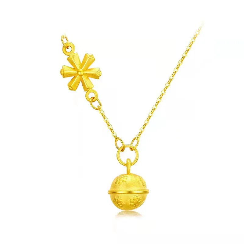 

9999 24K real gold bell snowflake necklace gold Christmas small bell collarbone chain temperament ins personalized design women