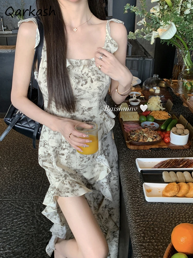 

Sleeveless Dresses Women Floral Ruffles Side-slit Midi Sundress Summer Elegant Sexy Korean Fashion Cloth Skinny Slim Vintage