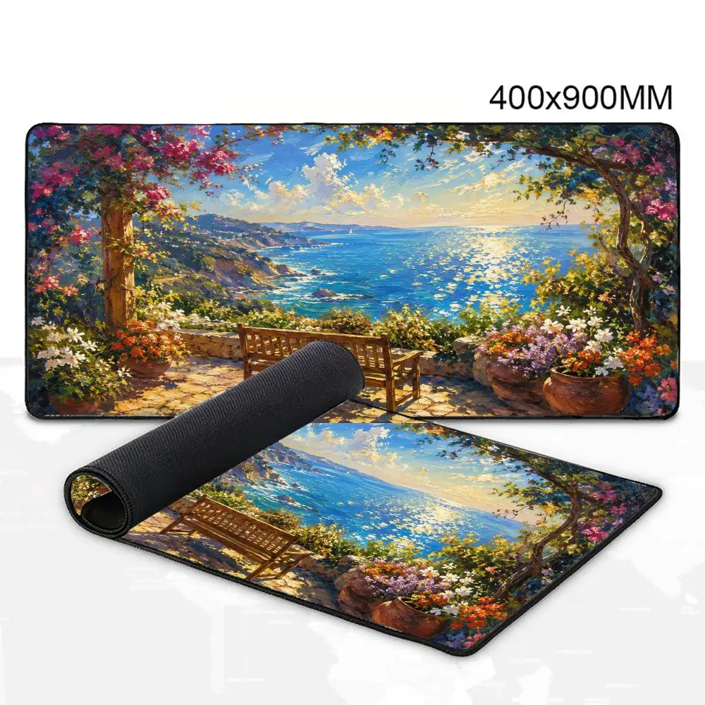 Aesthetic Coastal Garden Large Desk Mat Ocean Seascape Flower Balcony Oil Art Mousepad Decor Keyboard Pad for Laptop  Gaming Use