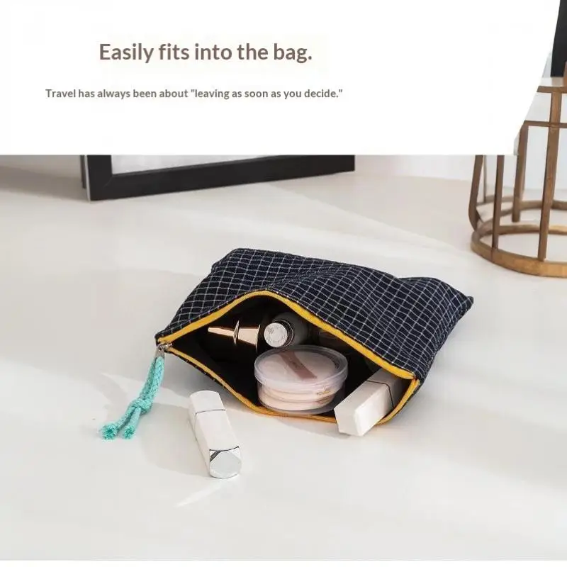 Koreanische karierte Make-up-Tasche aus Baumwolle mit großem Fassungsvermögen, Reißverschluss, Kosmetik-Aufbewahrungstasche, tragbare Reisewaschtasche für Mädchen, Geschenk – Detail 12