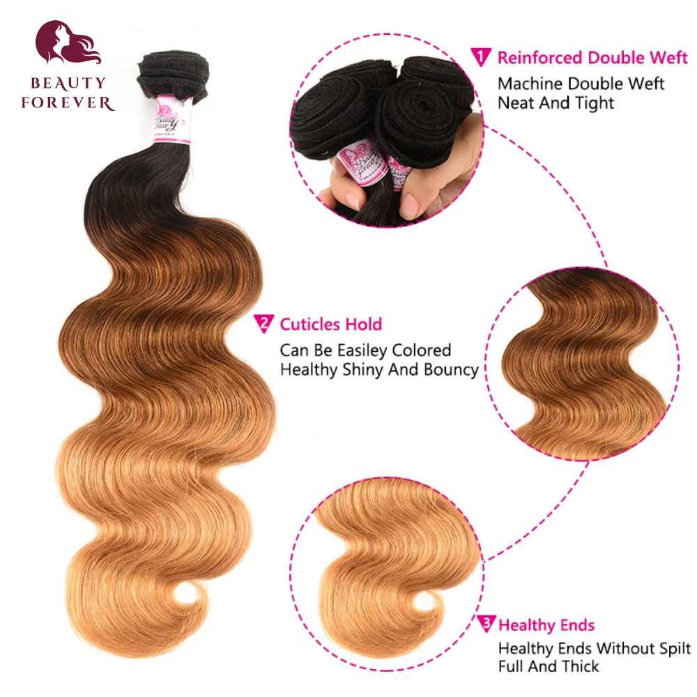 Bundles de cheveux humains vierges brésiliens, vague de corps, 3 tons, ombré, brun, enna, dédouanement, T1B/4/27