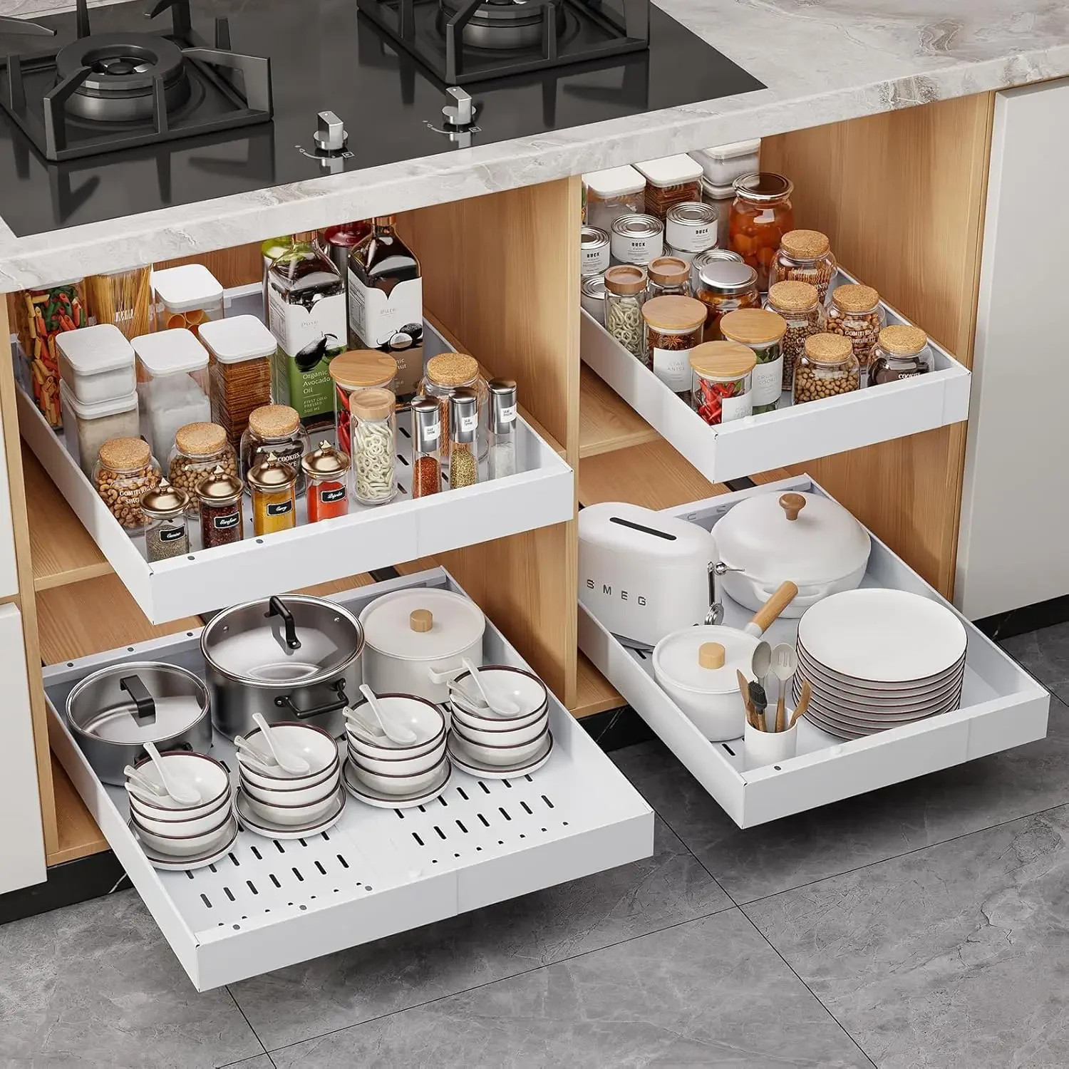 

4 Pack Pull Out Cabinet Organizer, 21" Deep Slide Out Drawers for Kitchen Cabinets, No Drill Adhesive Pull Out Drawers for Cabin