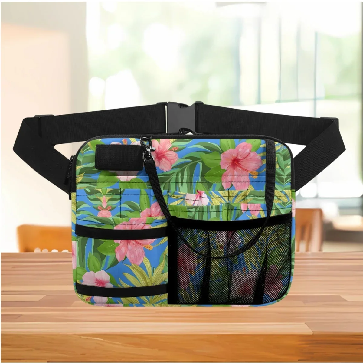 

Hibiscus Tropical Hawaiian Jungle Palm Leaf Designer Waist Bag Portable Multifunctional Hospital Work Medical Pack Nurse Bum Bag