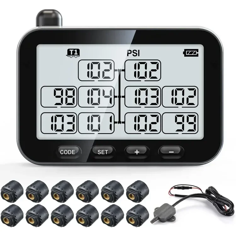 Trailer Tire Pressure Monitoring System, with 12 Sensors, 6 Alert Modes, Power Saving Display, Signal Booster