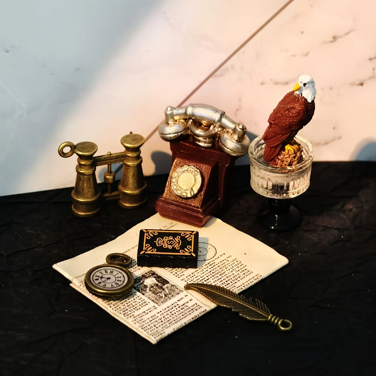 1:12 Dollhouse Miniature Vintage Office Accessories Retro Telephone Pocket Watch Feather Pen Study Room Decor image 2
