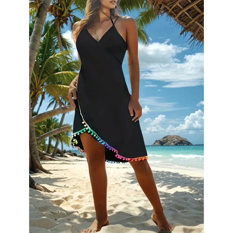 

Женское пляжное платье миди больших размеров в отпускном стиле, цельное, разноцветное, с бахромой, на тонких бретелях, без рукавов
