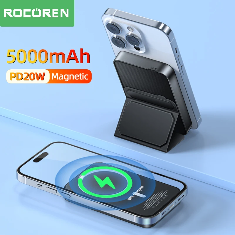 

Rocoren Magnetic Powerbank 5000mAh Magnetic Battery Auxiliary Battery Wireless Portable charger PD20W Power Bank With stand