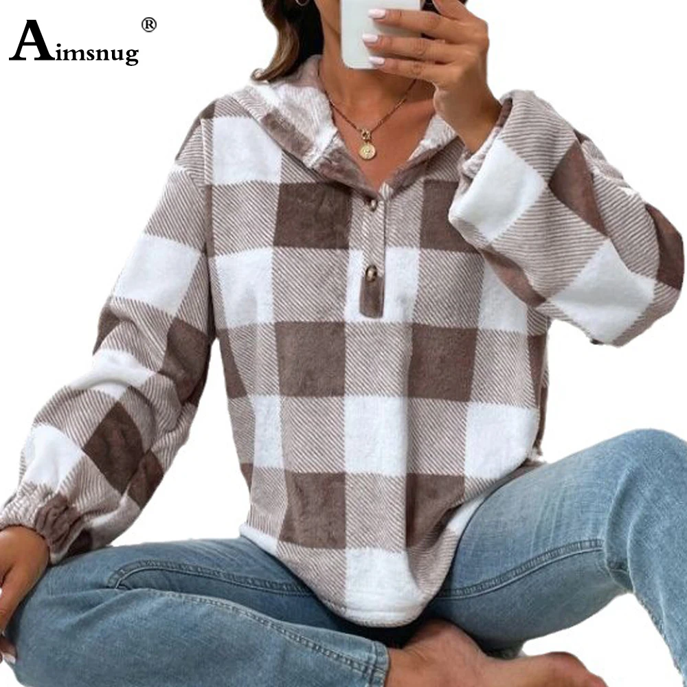 Aimsnug Ladies Fashion Leisure Model Plaid Sweatshirt 2023 New Autumn Casual Retro Top Streetwear Women's Loose Knitted Hoodies