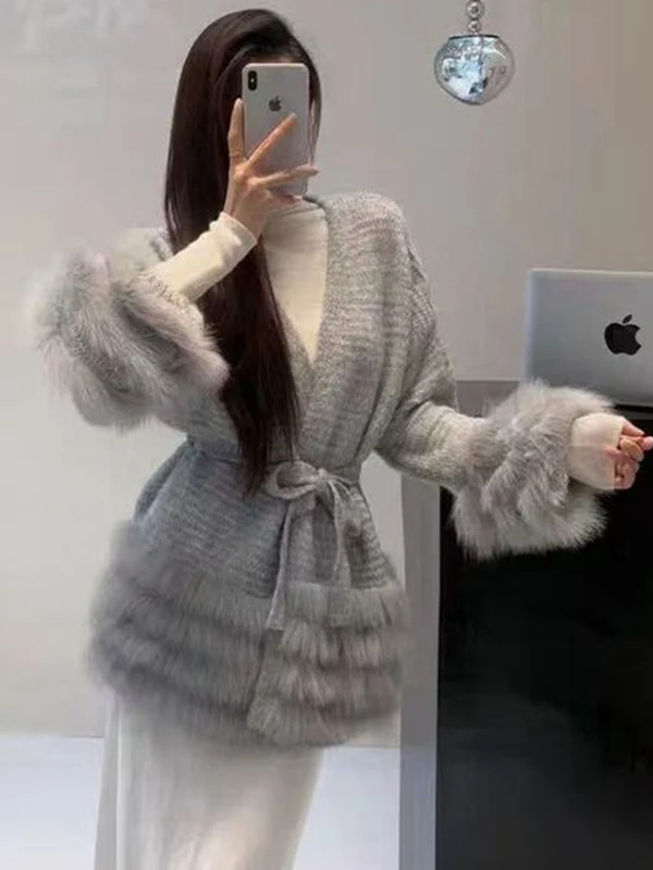 Ele Soft Sle Loose Belted V-Ne Faux Fur Splice Long Sve Knitted Open Cardigan Women's Korean Sle Sweater Jaet