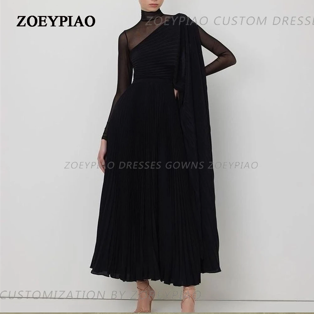 

Black High Neck Full Sleeves Ankle Length Evening Dress A Line Custom Simple Shawl Formal Event Occasion Prom Gowns Dresses