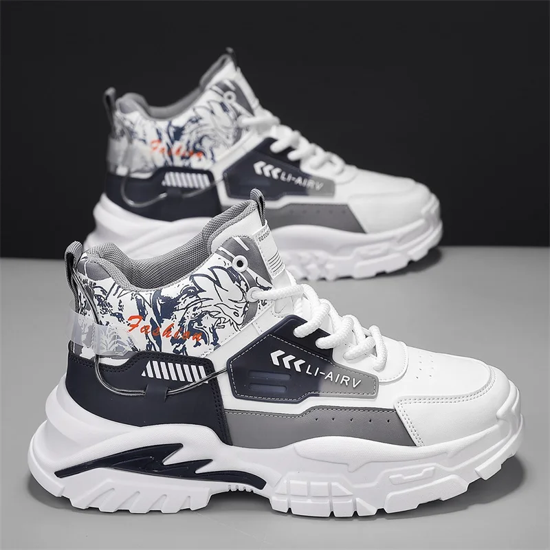 High-top patterned men's versatile fashion casual shoes, comfortable trendy Korean-style sneakers for teenagers