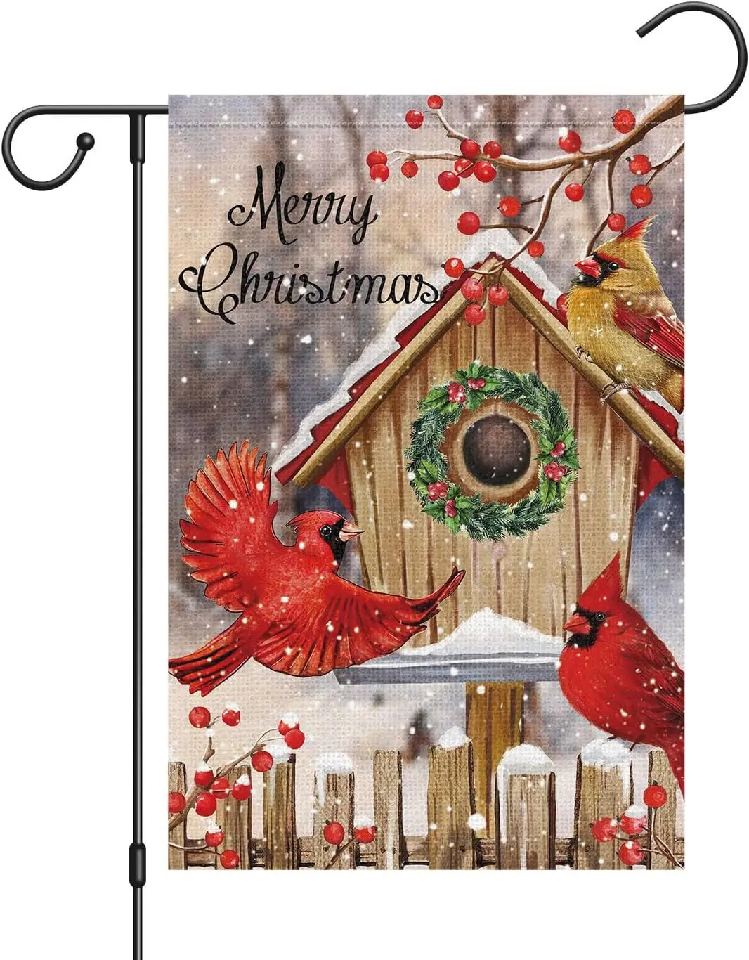 Louise Maelys Merry Christmas Garden Flag Double Sided Cardinal Birds 12x18 Inch Small Burlap Welcome Winter Holiday Yard Outdoo