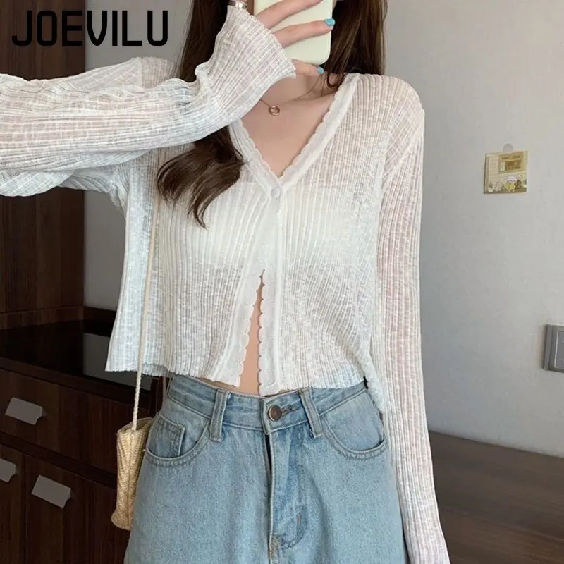 JOEVILU Thin Sunscreen Shirt Women\'s Summer Outerwear Crop Tops Hollow Out White Long-sleeved Cardigan Elegant Casual Shawl Coat