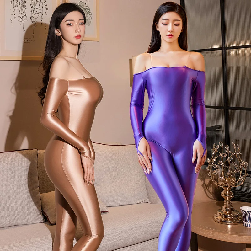 Sexy Oil Shiny Glossy Bodysuit Women Erotic Lingerie Catsuits Long Sleeves Jumpsuit Leotard Sex Porn Roleplay Costumes Clubwear