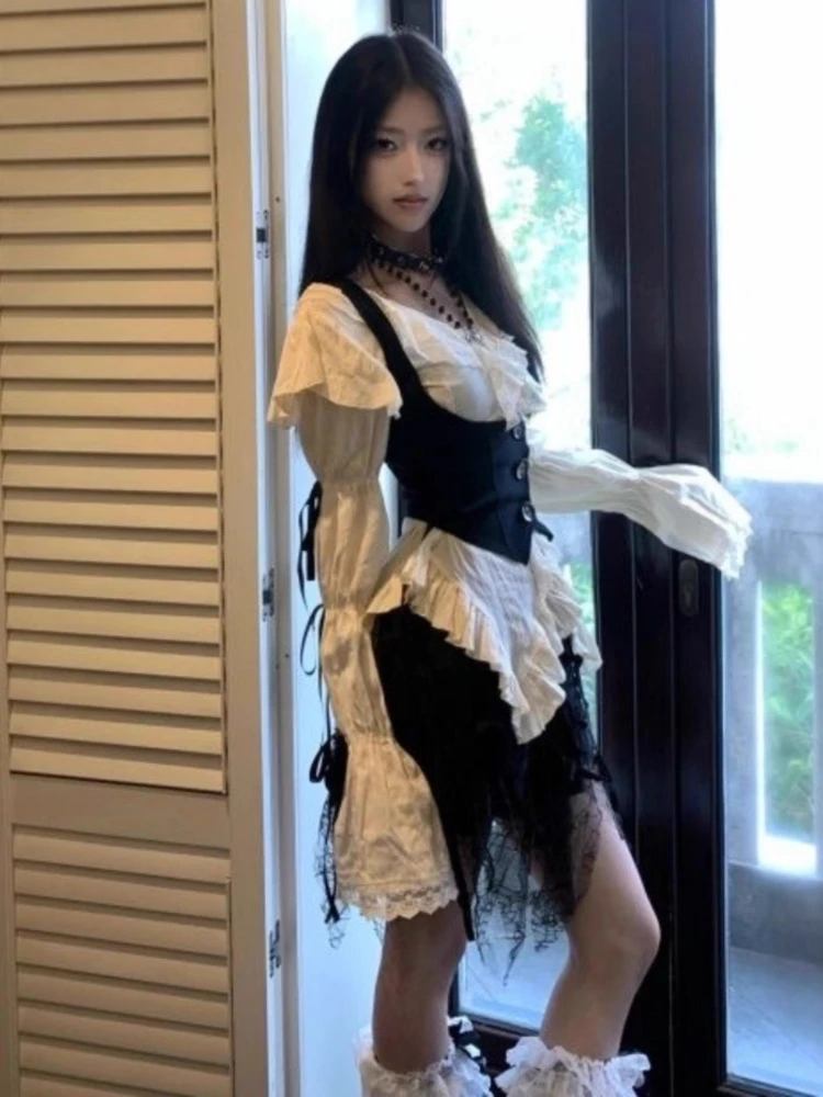 New Subculture Lace Vintage 3 Piece Set Women Design Flare Sleeve Shirt + Tunic Vest+ Mini Skirt Japanese Sexy Y2k Retro Outfits