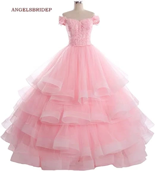 

ANGELSBRIDEP Pink Quinceanera Dresses Fashion Off-Shoulder Applique Tulle Vestidos De 15 Anos Masquerade Princess Party Gown