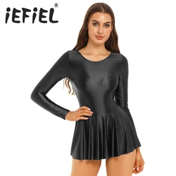 Womens Glossy Long Sleeve Ruffled Dress Solid Color Leotard Dresses for Sports Gymnastics Workout Ballet Dance Swimwear Swimming