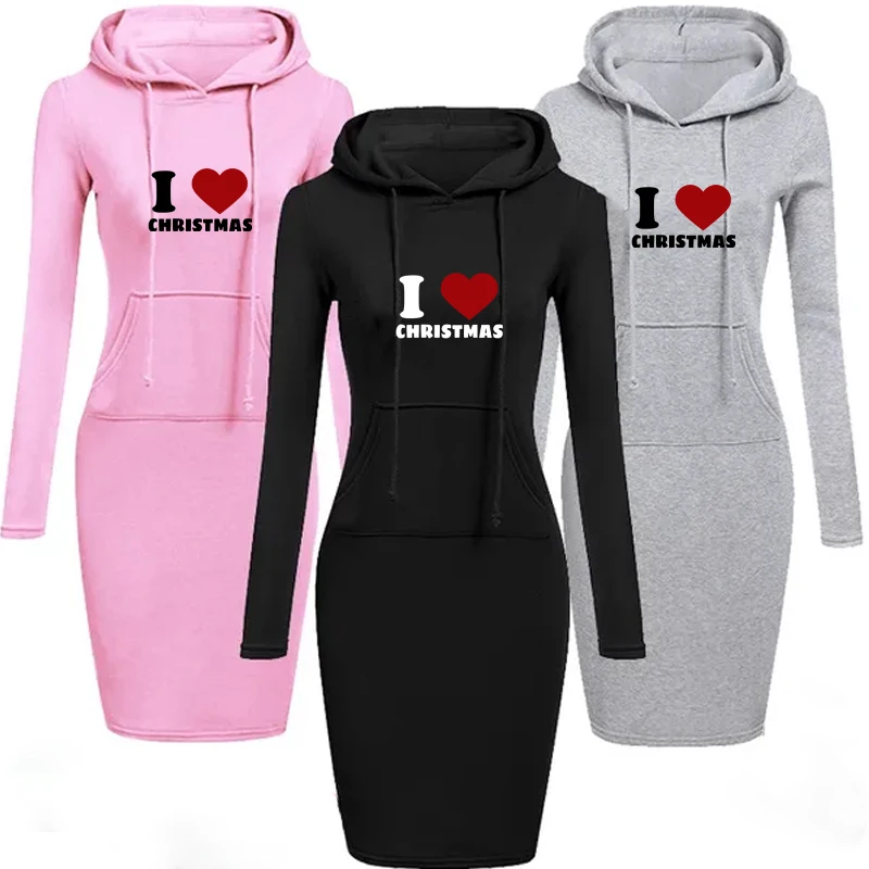 

Christmas Love Print Letter Hooded Dresses for Women Winter Fashion Dress Pocket Casual Solid Long Sleeve Mini Slim Fit Clothes