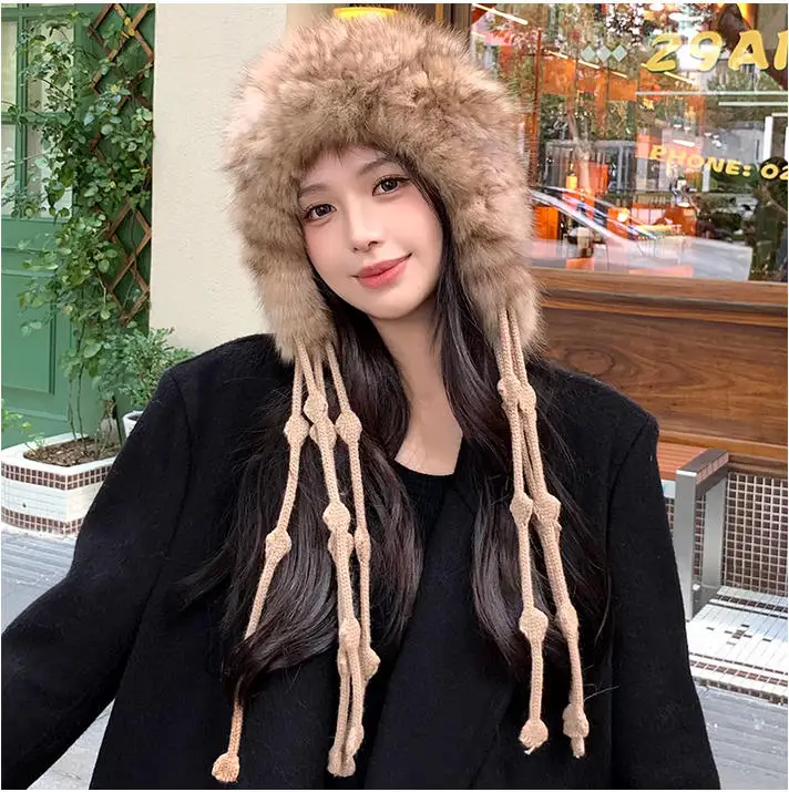 

Cute New Genuine Sable Fur Hat Fashion Women's Caps Handmade Knitted Warm Fluffy Hats with Earflap &Tassels