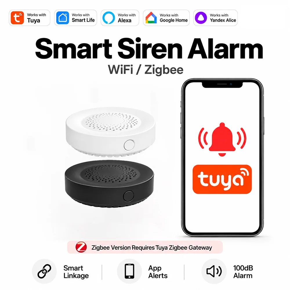 Tuya WiFi Zigbee Siren Alarm 100dB Wireless Buzzer Smart Home Security Alarm System Compatible With Alexa Yandex Alice