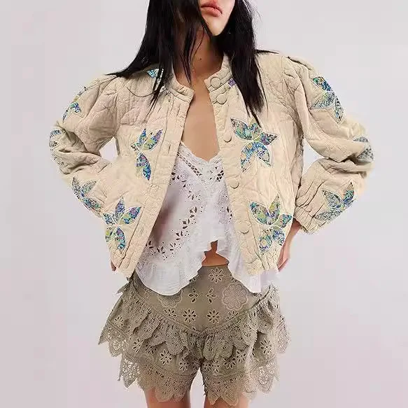 Piumino corto da donna in cotone sciolto con applicazioni di foglie d'acero, stile occidentale, ufficio elegante, confortevole, casual, caldo, multicolore