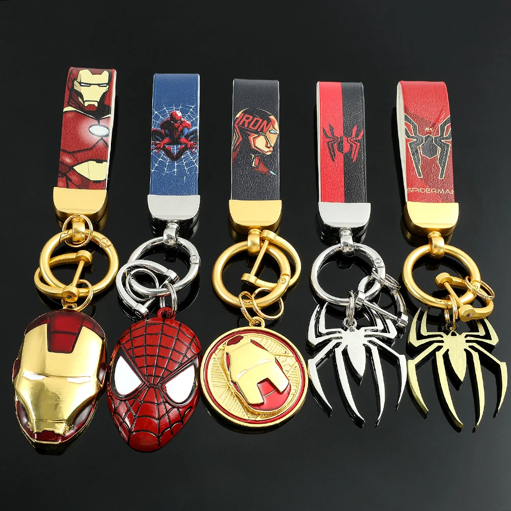 Disney Marvel Superhero Leather Keychain The Avengers Iron Man Spider Man Pendant Keyrings for Car Key Accessories Gifts