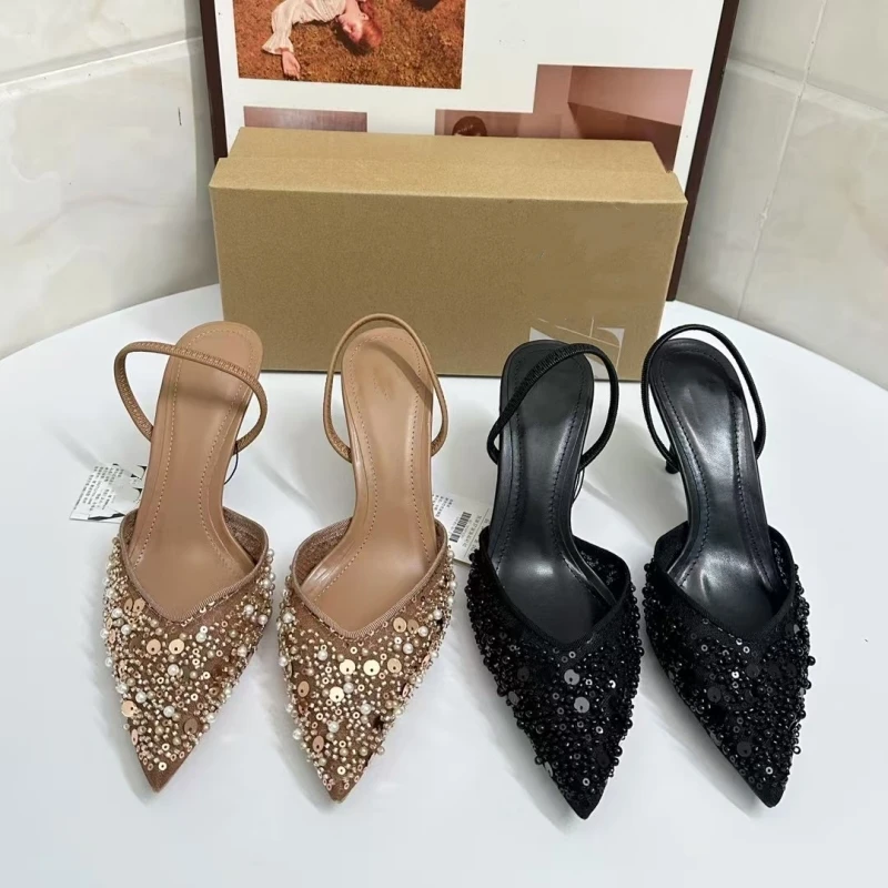 جديد مطرز شبكة Slingback الكعوب للنساء الفاخرة أشار تو كعب مضخات مكتب سيدة مضخات الصيف خنجر الأحذية الصنادل 2025