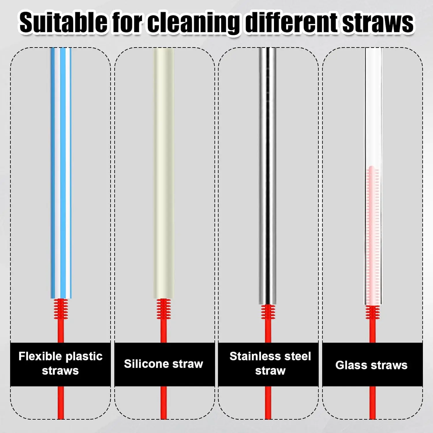 2pcs Silicone Straw Brushes,Extra Long Straw Cleaning Brush Reusable Bendable Brush Pipe for Smoothie Straw Washing,Red(6mm+8mm)