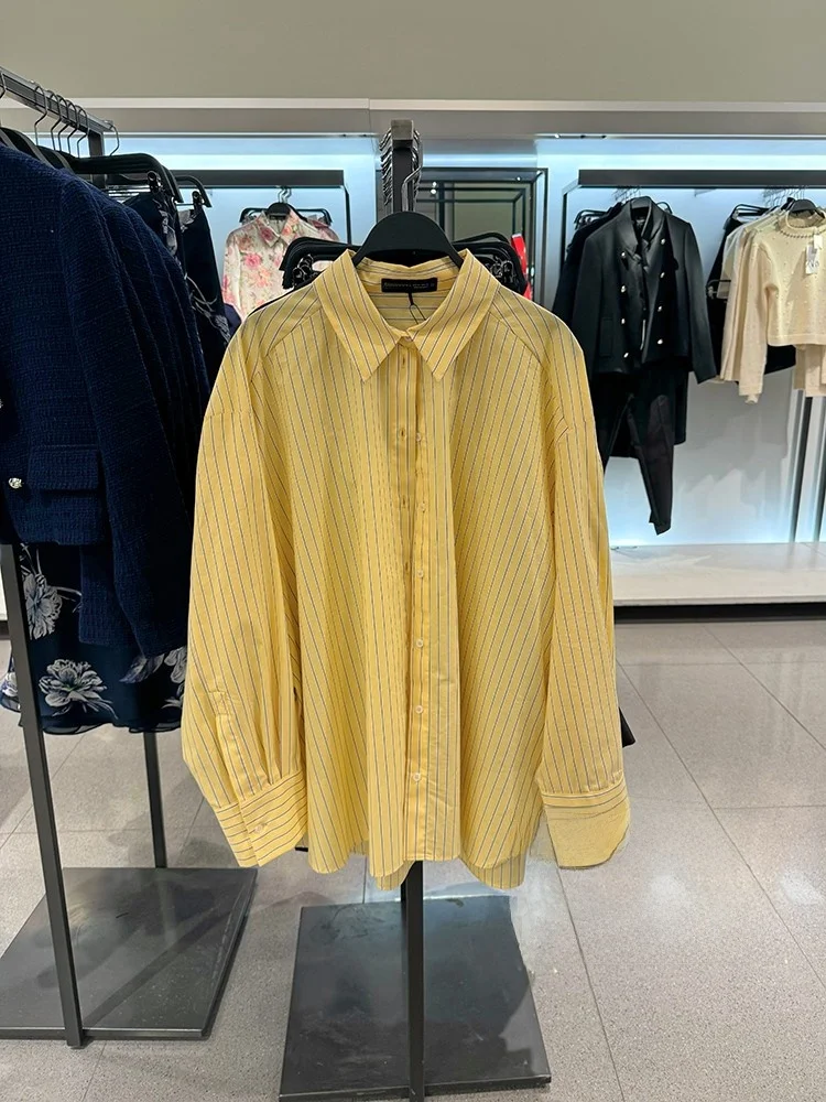 

Spring New Women's Fashionable Loose Striped Silk Shirt Versatile Basic Style Long Sleeve Collar Regular Length Casual Wear