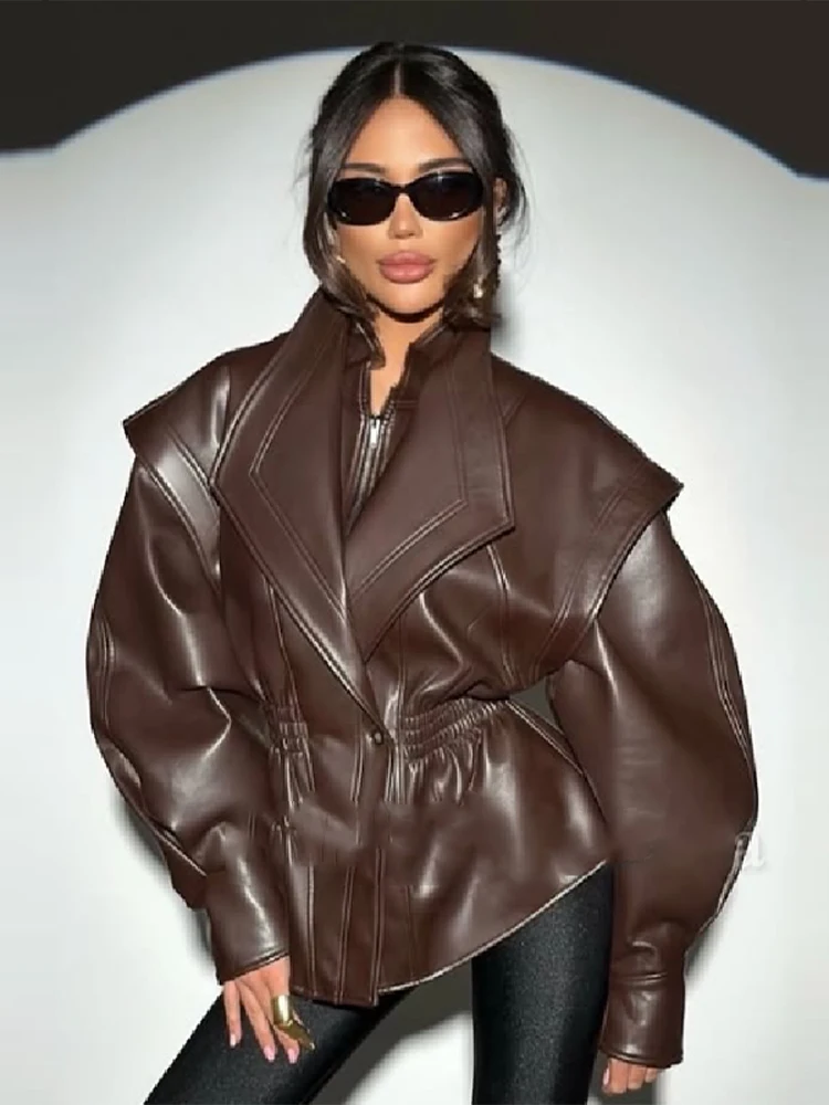 Giacca in pelle attillata vintage con spalla larga e vita da donna, tinta unita, unica, con cerniera, cappotto allentato, capispalla quotidiano Highstreet