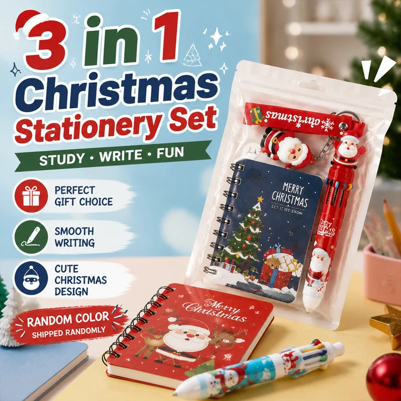 3-in-1 Christmas Stationery Set with Notebook Pen Keychain Santa Snowflake Design Great Gift School Office Supplies Holiday Fun