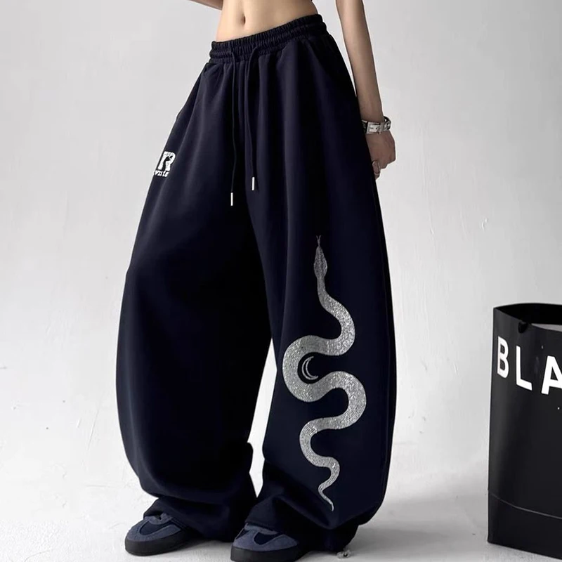 Calça de moletom feminina vintage americana, calça de perna larga com estampa de cobra, solta, casual, preguiçosa, jazz, hiphop, dança, harajuku y2k