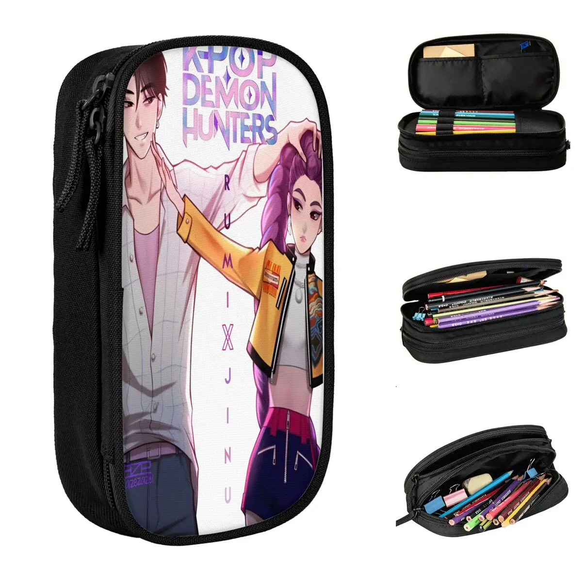 

KPop Demon Hunters Pencil Case Big Pencil Box Students Double Layer Vintage School Pencil Cases Printed Stationery Organizer