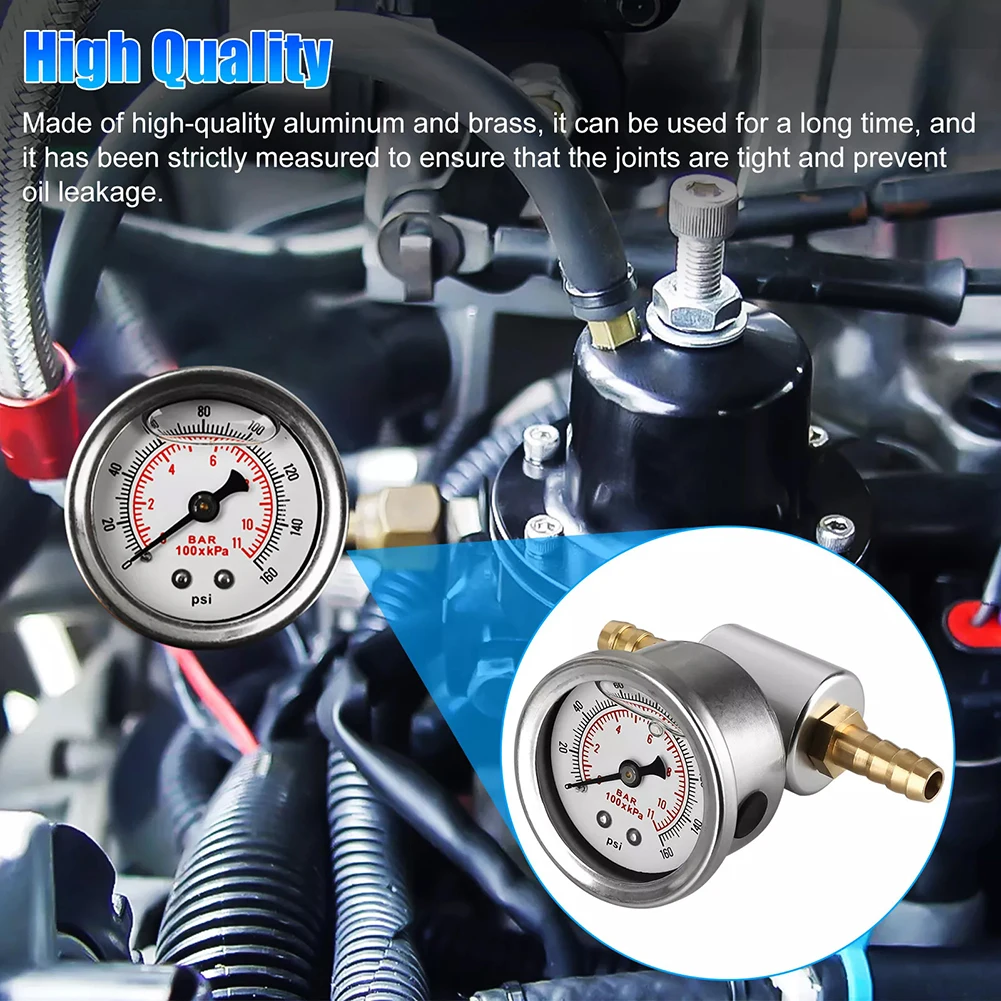 1/8 NPT Kraftstoffdruckmesser-Set 0-160 PSI 11Bar Flüssigkeitsgefüllt Stoßfest mit Kraftstoffleitung T-Adapter 6AN Anschlüsse Universal – Detail 3