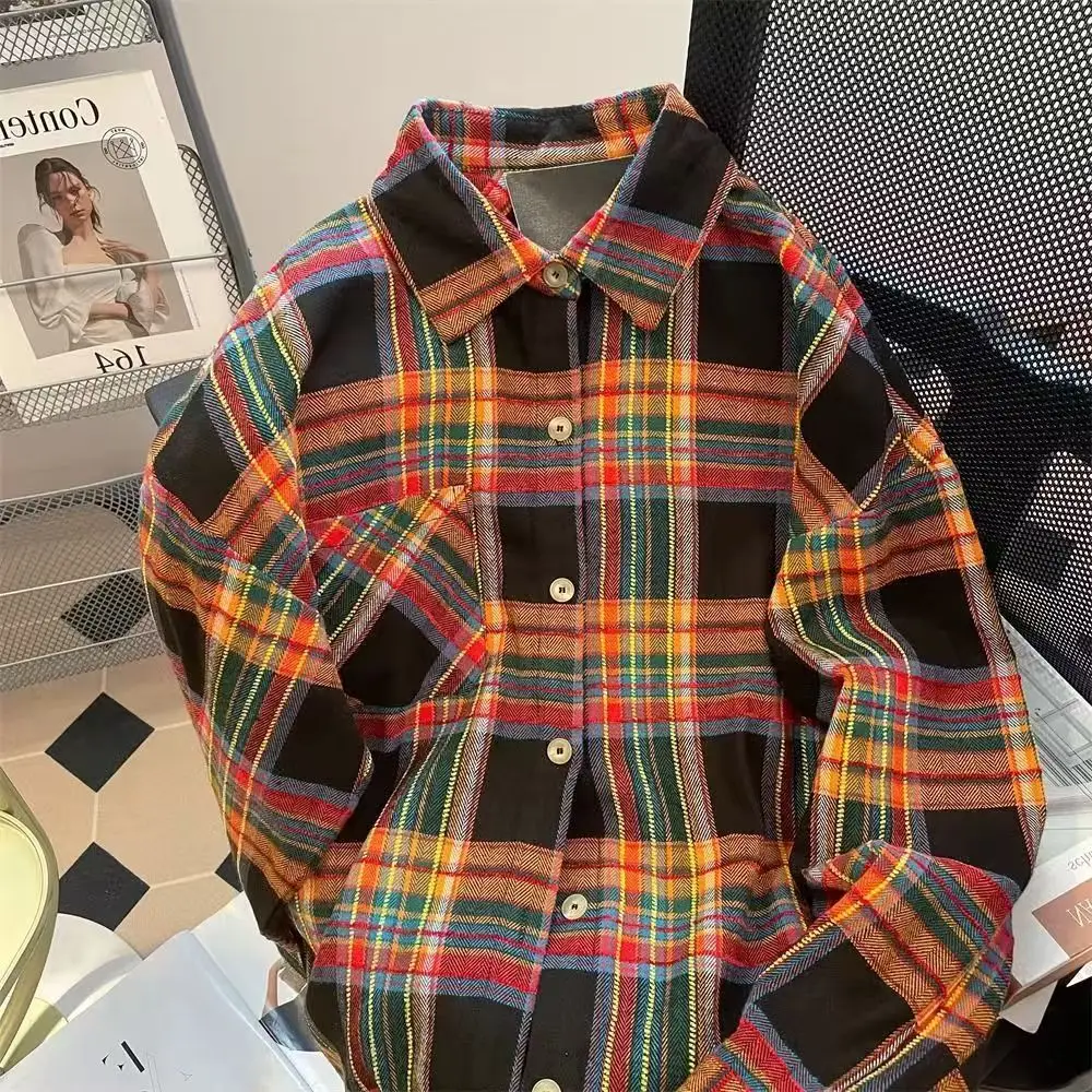 여성 타탄 셔츠 긴 소매 버튼업 캐주얼 오버사이즈 체크 셔츠 싱글 브레스티드 재킷 패션 청소년 남성 봄 여름
