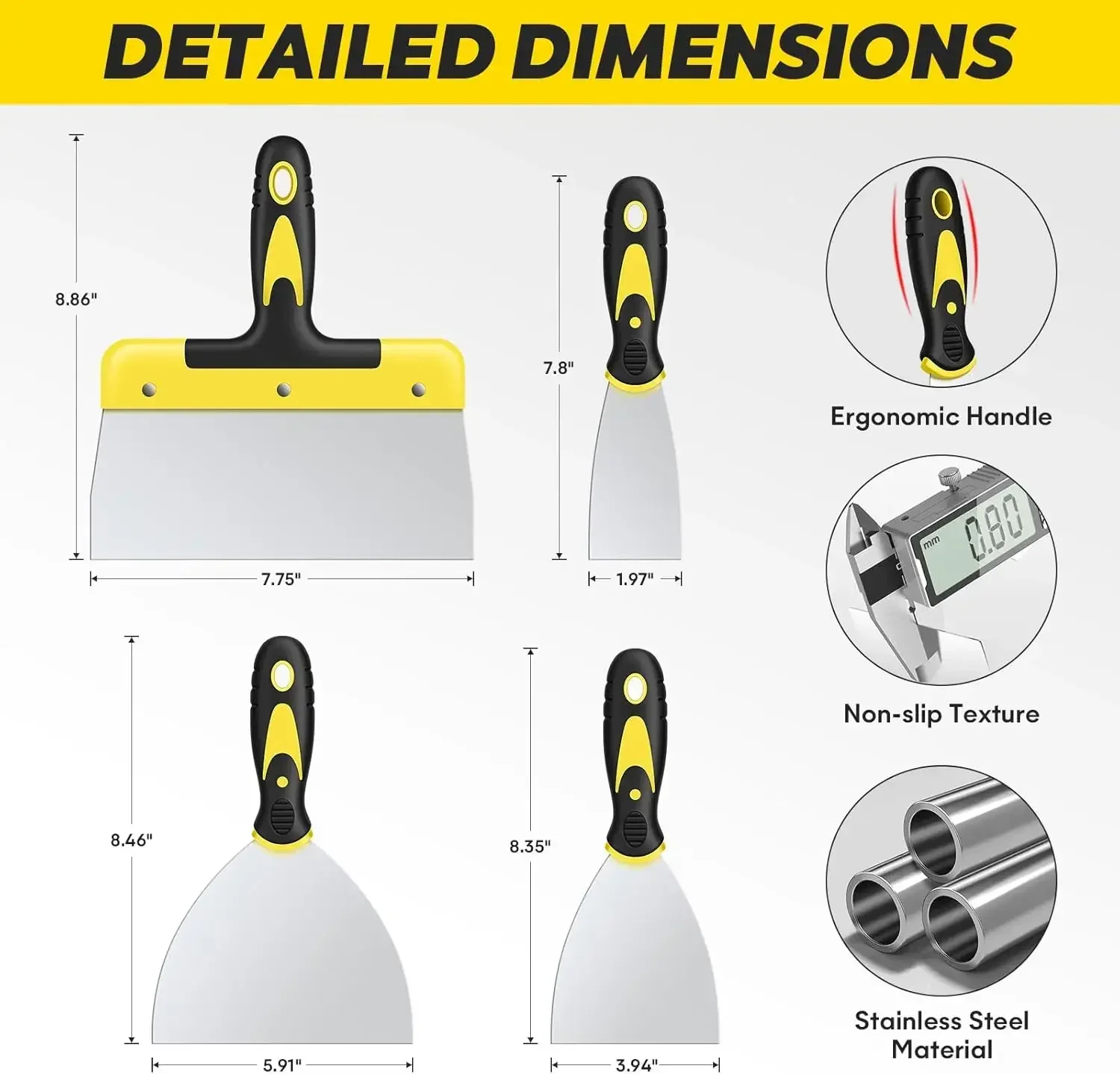 4-Piece Stainless Steel Scraper Paint Tool Set with Comfortable Handle, Wallpaper Removal and Plaster Scraping