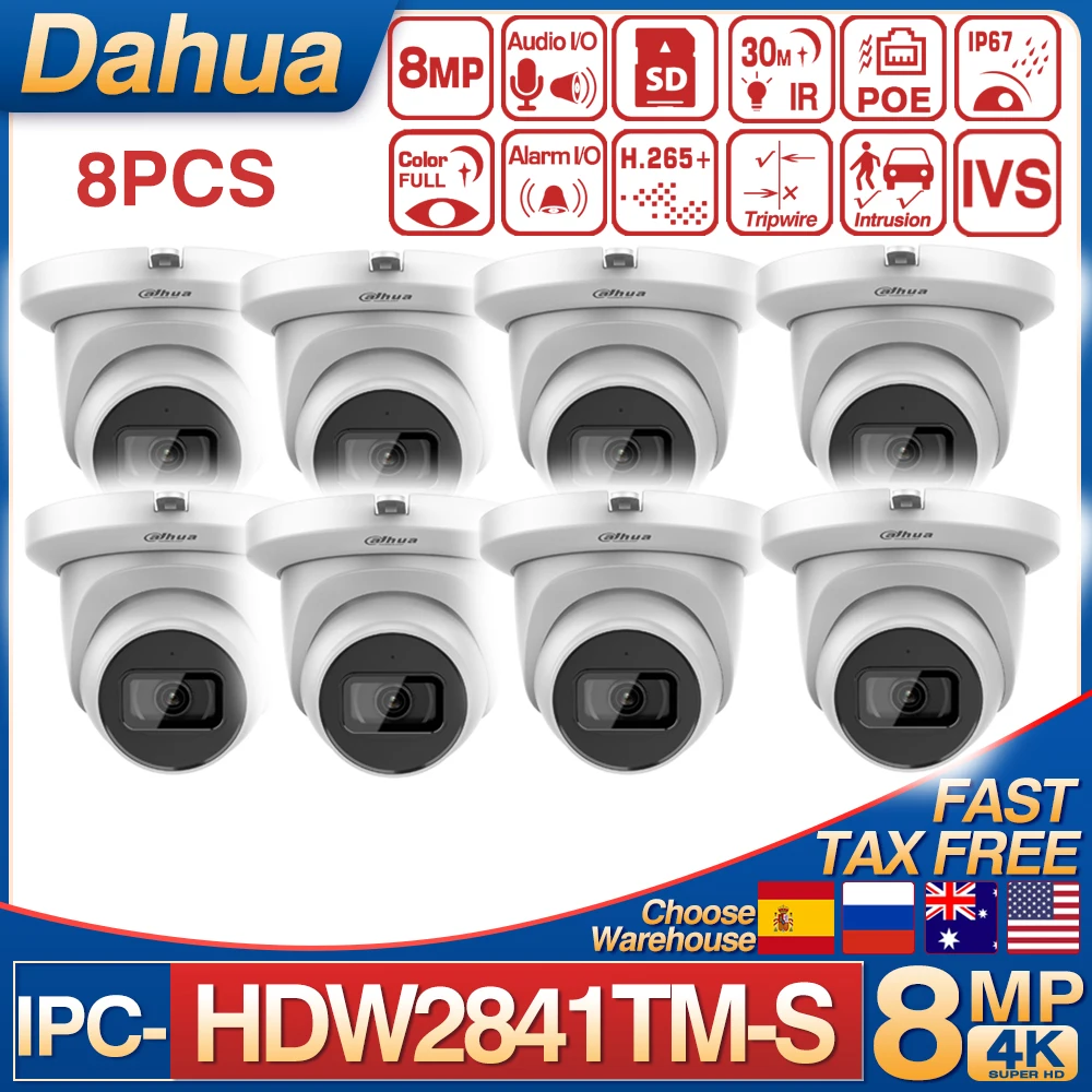 8PCS Dahua 8MP IP Camera IPC-HDW2841TM-S 4K IR IK10 Fixed-focal Eyeball WizSense CCTV Security POE Build in MIC SD Card Slot