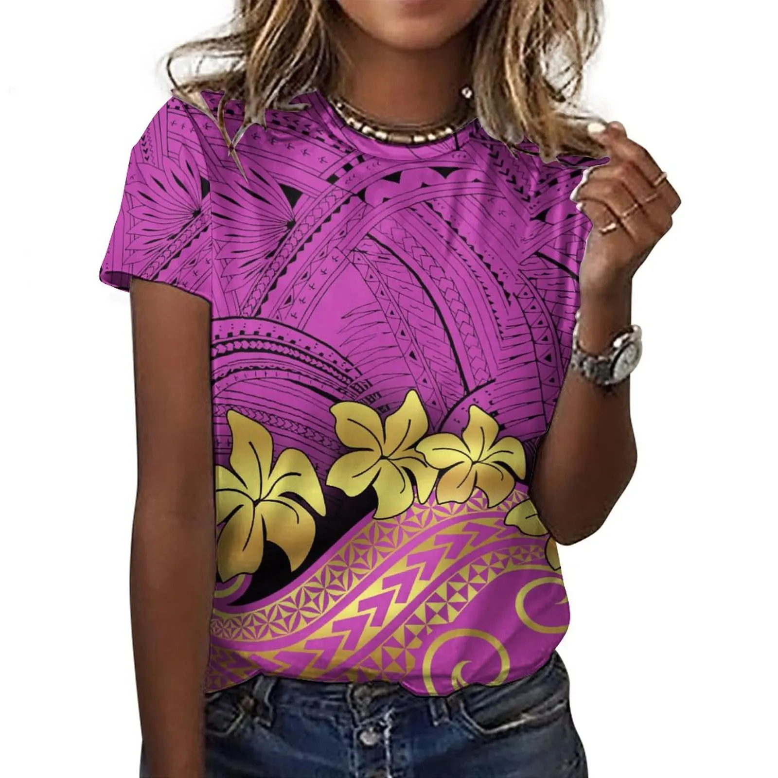 Summer Customized Ladies Short Sleeve O Neck Comfortable Sports T-shirt Polynesian Tribal Design Plus Size Pure cotton Tshirt