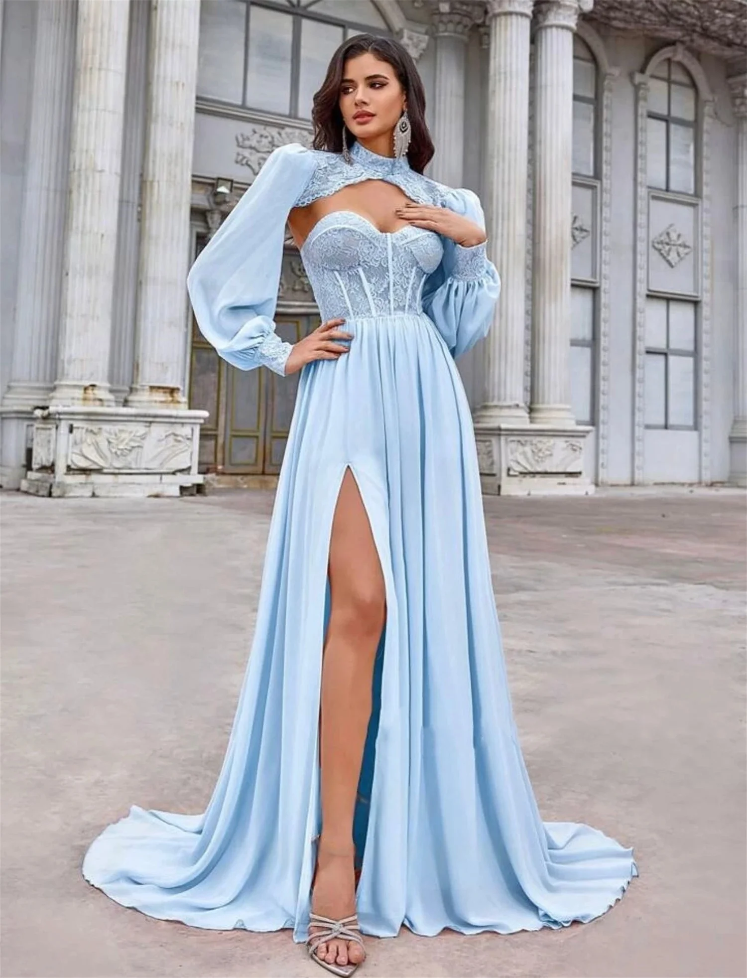 

Sky Blue Slit Chiffon Long Bespoke Occasion Gown Evening Dresses Prom Pastrol Unisex Jersey Retro Dubai Saudi Arabic Customized