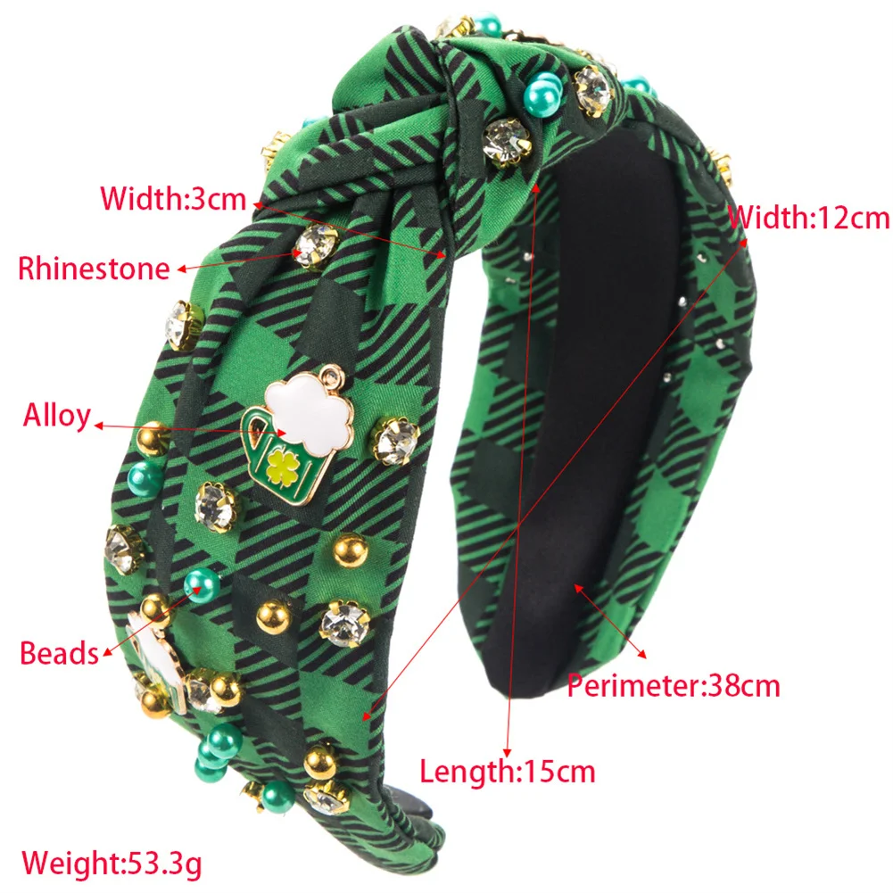 Women's Knotted Headband Lucky Shamrock Embellished Crystal Rhinestone Pearl Headband Plaid Printed Fabric Hairband Accesories